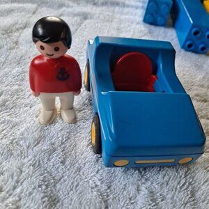 1990 Playmobil Blue Car and Boy Figure Red Jacket